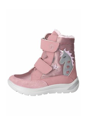 Roze enkelboot met klittenbandsluitingen, van suède en glanzend materiaal, met een eenhoornontwerp, steraccenten en een gestructureerde zool.