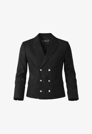 Blazer nero doppiopetto con sei bottoni argentati, rever a incavo, tasche con pattina e maniche lunghe del marchio Richmond.