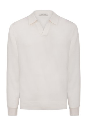 Kremowy pulower z długim rękawem, miękkim kołnierzem i dekoltem w serek, z prążkowanymi mankietami i dołem.