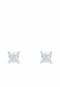 Square diamond stud earrings set in white metal. Each earring features a clear, faceted diamond with four prong settings.