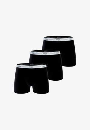 Caleçons boxers noirs, pack de trois, avec une ceinture élastique blanche portant le logo de la marque. Texture lisse et design ajusté pour le confort.