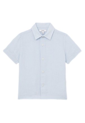 Hellblaues Kurzarmhemd mit Knopfleiste, klassischem Kragen, fünf weißen Knöpfen und geradem Saum.