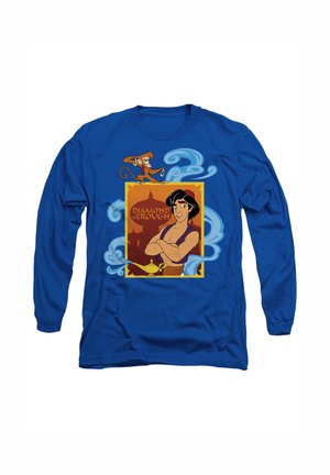 Long-sleeve blue T-shirt featuring an illustration of two animated characters with text “Diamond in the Rough” and stylized decorative accents.