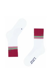 Witte sokken met een bordeauxrood boord, voorzien van groene en rode strepen. Ontworpen voor comfort met een versterkte teen en hak. Maatmarkeringen op de zool.