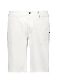 Weiße Shorts aus Baumwolle mit geradem Schnitt, ausgestattet mit einem Knopfverschluss, Gürtelschlaufen und seitlichen Taschen. Klassisches, minimalistisches Design.
