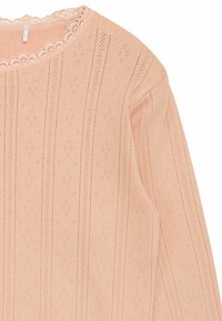 Maglietta a maniche lunghe rosa chiaro con un motivo a maglia testurizzato, caratterizzata da righe verticali e un colletto bordato in pizzo. Tessuto in misto cotone.