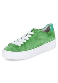 Green suede sneaker with a rounded toe, white laces, and a white rubber sole. Features a smooth green leather accent at the heel.