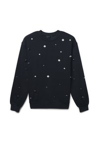 Schwarzer Sweatshirt mit langen Ärmeln und Rundhalsausschnitt, auf dem verschiedene runde reflektierende Scheiben in unterschiedlichen Größen über die Vorderseite und die Ärmel verteilt sind.