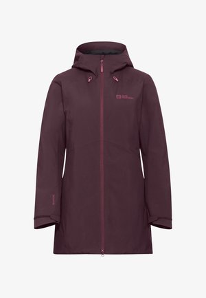 Giacca impermeabile bordeaux in materiale Texapore, con zip frontale, cappuccio regolabile e logo sul petto. Design semplice e funzionale.