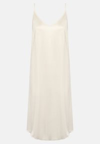 Crème-kleurige slipdress met dunne bandjes, V-hals en een relaxte fit. Gemaakt van lichte stof met een soepele textuur.