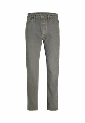 Pantaloni in denim grigio con design a gamba dritta, stile a cinque tasche, chiusura con bottone e leggero sbiadimento per texture. Adatti per un abbigliamento casual.