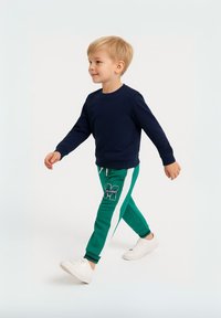 Zeleni trenirke z belimi stranskimi črtami in modrim poudarkom, ki imajo vezenino, v kombinaciji z mornarsko modrim dolgo-sleeve puloverjem.