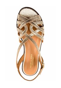 Gouden sandalen met bandjes en glitters, leren inlegzool en verstelbare enkelband. Openteen ontwerp met geweven kruispatroon.