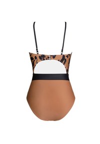 Costume intero con cut-out, caratterizzato da una base marrone, dettagli neri e un retro decorato. Spalline regolabili con chiusura a zip sul retro.