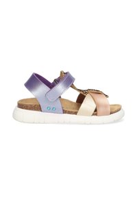 Sandali multicolori con cinturini in pelle viola, crema e oro rosa; soletta in sughero; suola in gomma bianca; fibbia regolabile.