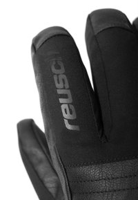 Schwarze Handschuhe mit einer strukturierten Lederhandfläche und einem weichen Stoffoberteil, mit dem auf der Seite aufgedruckten "reusch"-Logo.