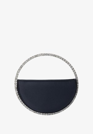 Marineblå satin handbag med en halvcirkelform, prydet med en krystalbesat hank og en glat tekstur på taskens overflade.