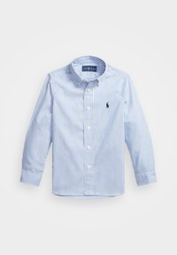 Camisa de botones a rayas azules y blancas con mangas largas, de algodón, con cuello y logo bordado en el pecho.