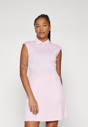 Pink sleeveless dress with collared neckline, featuring a textured pattern, fitted waist, and flared skirt. Smooth fabric and minimal design.
