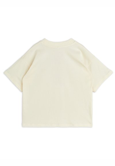 Cream short-sleeve t-shirt made of soft cotton, featuring a simple, relaxed design with a crew neck and straight hem.