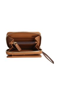 Brown leather wallet with a zip closure, multiple card slots, a central zippered compartment, and a detachable wrist strap.