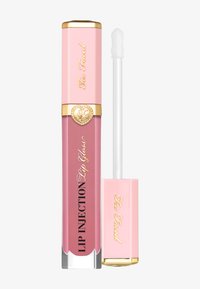 Too Faced Lip Injection lip gloss in a pink tube with gold accents. The applicator wand is included, featuring a soft, fluffy tip.