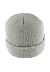 Gorro de punto gris con puño vuelto, que presenta una textura suave y un patrón de canalé vertical, corona redondeada y diseño básico.