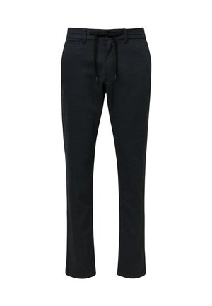 Czarne spodnie z tkaniny o splocie, z elastycznym paskiem w talii, dopasowany krój oraz gładki design bez widocznych wzorów czy detali z metalu.