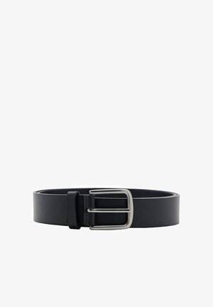Black leather belt with a smooth, matte finish, featuring a silver metal buckle and a classic design for adjustable fit.
