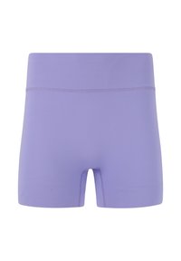 Lila Sportshorts aus elastischem Material, mit hoher Taille und sauberen Nähten, entworfen für Komfort und Bewegungsfreiheit.