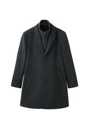 Abrigo de lana gris oscuro con un diseño estructurado, solapas con muesca, tres botones, bolsillos laterales y un cuello interior con cremallera.