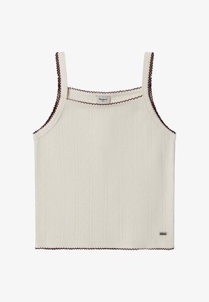 Kreemikas top õhukeste rihmadega, tekstuurse kangaga, vertikaalsete soontega ning tumepunase lainelise äärisega kaelusel ja servadel.