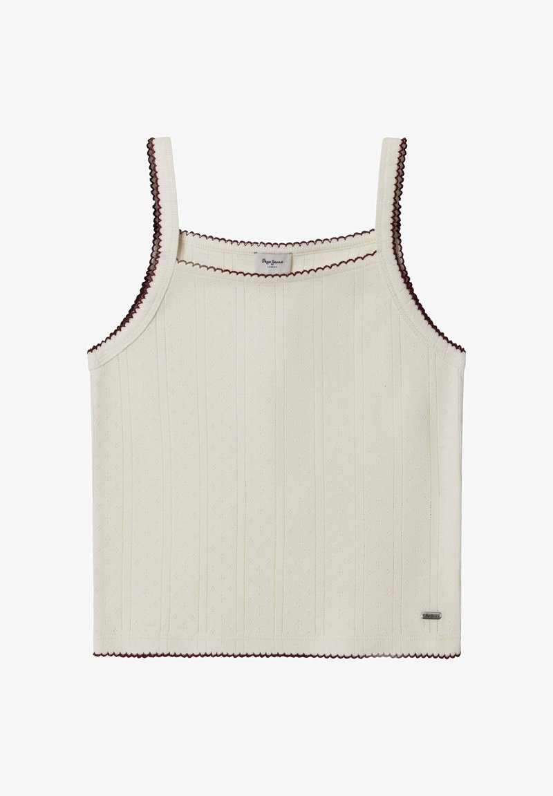 Kreemikas top õhukeste rihmadega, tekstuurse kangaga, vertikaalsete soontega ning tumepunase lainelise äärisega kaelusel ja servadel.