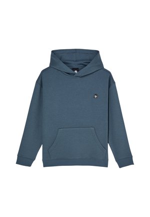 Sweat à capuche bleu avec poche kangourou à l'avant et petit logo brodé sur la poitrine, présenté sur fond blanc.