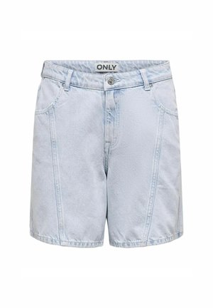 Lyseblå denimshorts med høy midje, med frontlommer og knappelukking. Lett tekstur med minimale sømdetaljer.