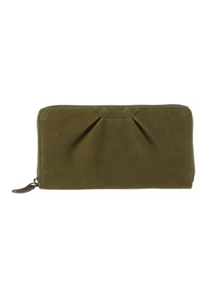 Olive green leather wallet with a textured finish, featuring pleats at the top, a zip closure, and a small leather zipper pull.