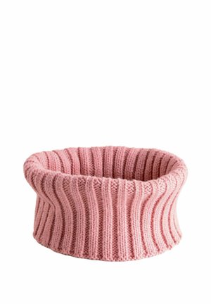 Gestrickter Korb in sanftem Pink mit gerippter Textur. Er hat eine runde Form mit einem umgeschlagenen oberen Rand für zusätzliche Tiefe.