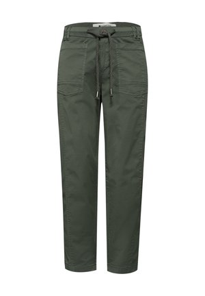 Pantalon décontracté vert olive avec taille à cordon, poches plaquées à l'avant, passants pour ceinture et jambes droites effilées.