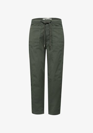Pantalon décontracté vert olive avec taille à cordon, poches plaquées à l'avant, passants pour ceinture et jambes droites effilées.