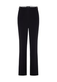 Pantaloni neri slim fit, realizzati in un tessuto liscio. Presentano dettagli anteriore in tono oro e un design a gamba dritta.