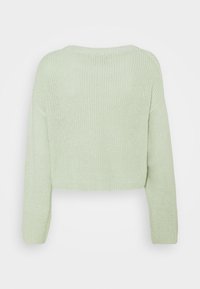 Vaaleanvihreä lyhyt neulepaita, jossa on teksturoitu kuvio, pitkät hihat ja pyöreä pääntie. Rentoa istuvuutta ja pehmeää materiaalia.