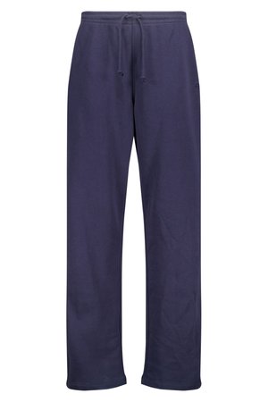 Pantalones de chándal azul marino hechos de una mezcla de algodón suave, con una cintura elástica y cordón ajustable, de corte recto. Sin patrones visibles ni herrajes.
