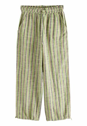 Volné kalhoty s vertikálními zelenými, šedými a růžovými pruhy, elastickým pasem, stahovací šňůrkou a bočními kapsami, zobrazené na bílém pozadí.