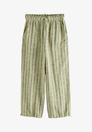 Lõdvalt istuvad püksid vertikaalsete roheliste, hallide ja roosade triipudega, elastse vöökohaga, paelaga ja küljetaskutega, valgel taustal eksponeeritud.