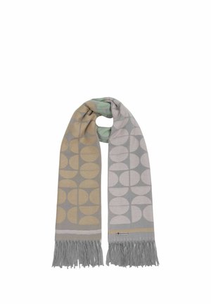 Long scarf with geometric half-circle patterns in beige, gray, and light green, featuring fringed ends and a small brand tag.