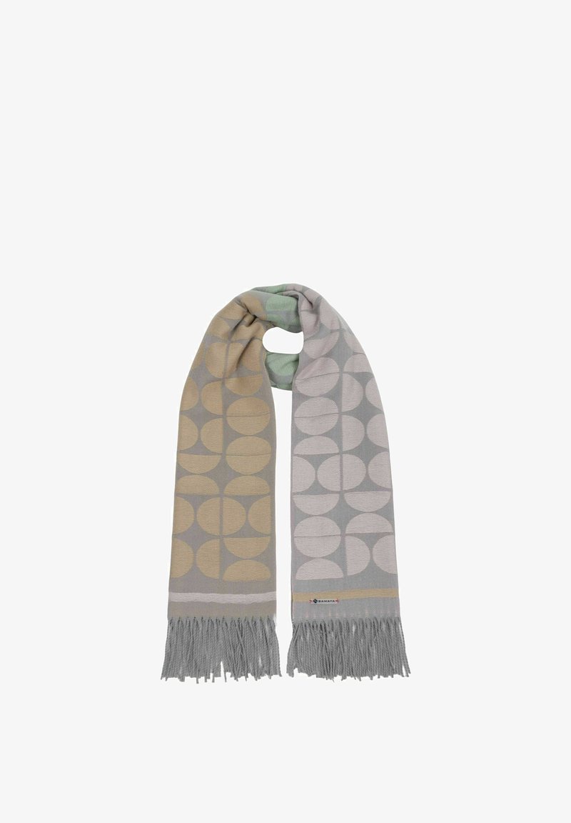 Long scarf with geometric half-circle patterns in beige, gray, and light green, featuring fringed ends and a small brand tag.