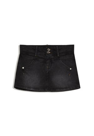 Black denim mini skirt with double buttons, belt loops, two front pockets with button details, and a slight A-line shape.