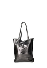 Borsa a tracolla in pelle nera con finitura lucida, due manici lunghi e un design semplice. Presenta una parte superiore arricciata per un tocco di dettaglio e texture.