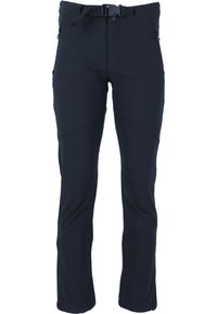 Marina blå softshellbyxor med en figurnära design, justerbart midjeband, fickor med blixtlås och stygn vid knäpanelerna för ökad rörlighet.