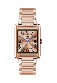 Rektangulär roséguldsur med romerska siffror, blå visare och metallarmband. Texturerad urtavla, polerade detaljer.